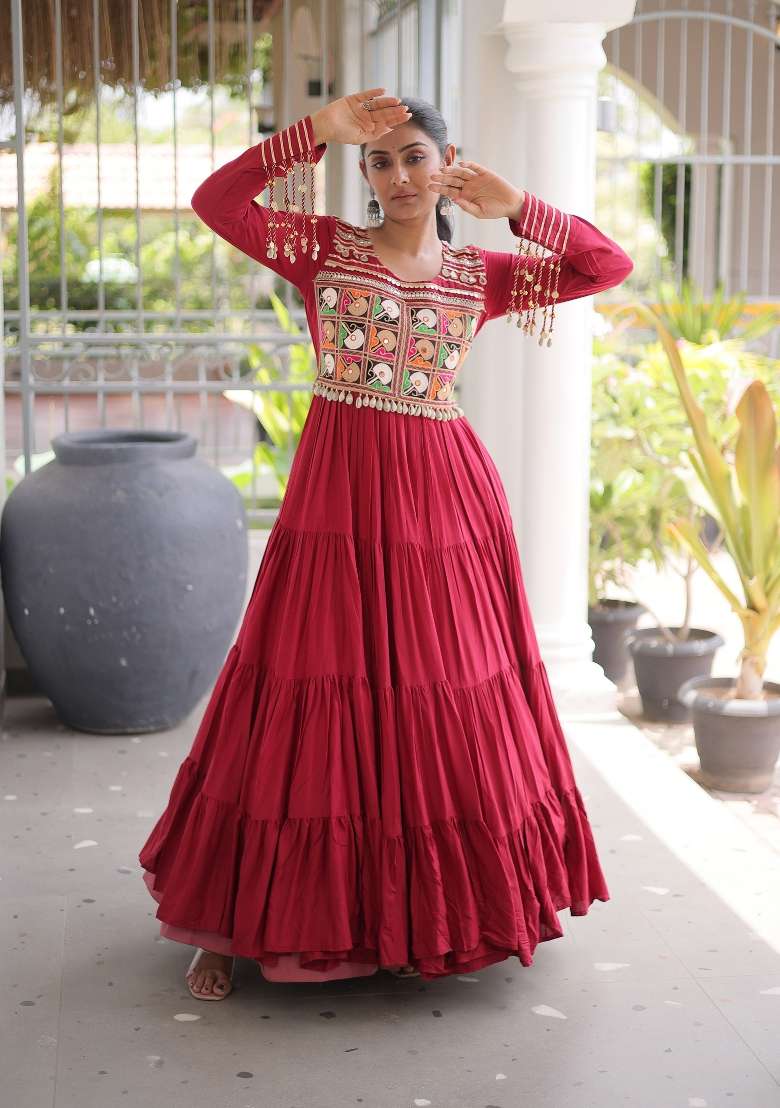 Maroon Embroidered Rayon Gown - Indya