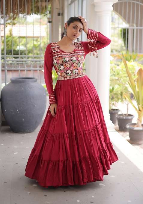Maroon Embroidered Rayon Gown