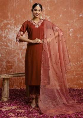 Rust Embroidered Silk Kurta Set