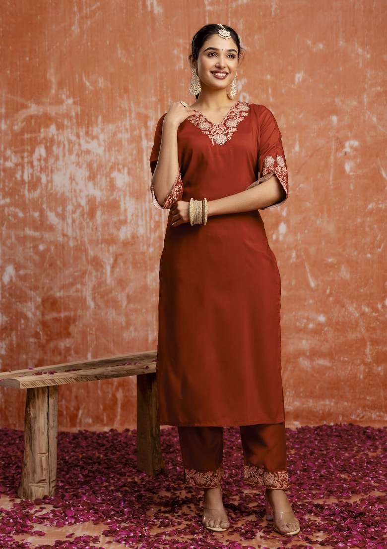 Rust Embroidered Silk Kurta Set - Indya