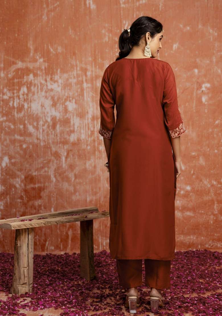 Rust Embroidered Silk Kurta Set - Indya