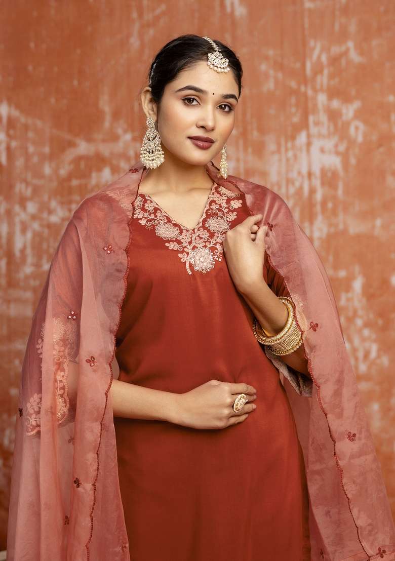 Rust Embroidered Silk Kurta Set - Indya