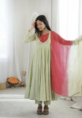 Light Pista Embroidered Silk Kurta Set