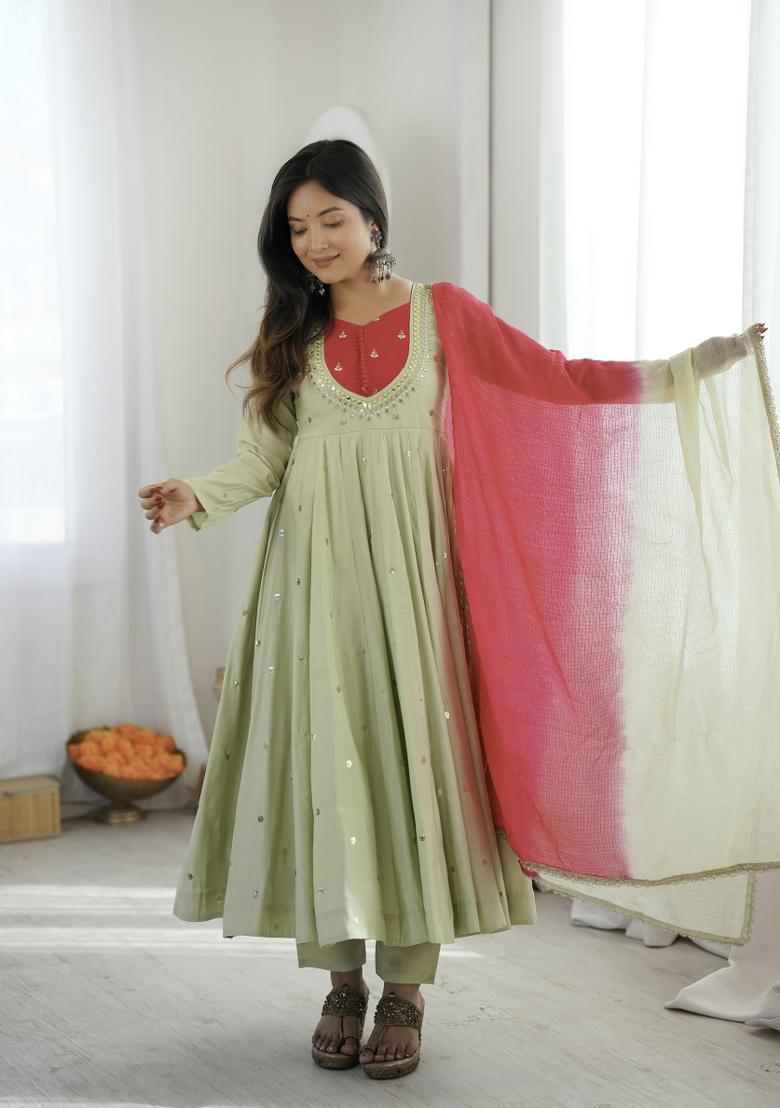 Light Pista Embroidered Silk Kurta Set - Indya
