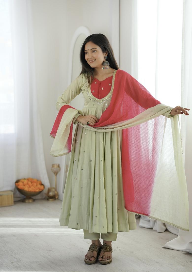 Light Pista Embroidered Silk Kurta Set - Indya