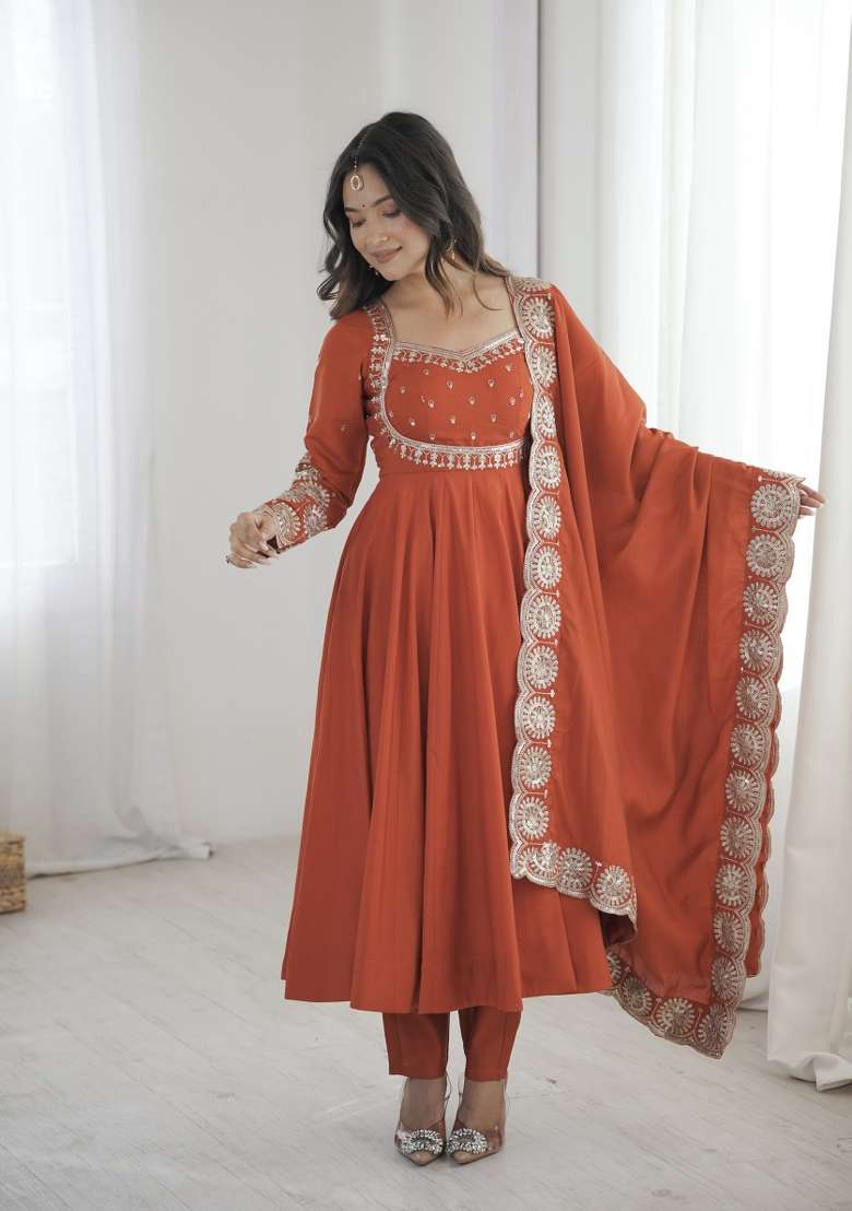 Rust Orange Embroidered Silk Kurta Set - Indya