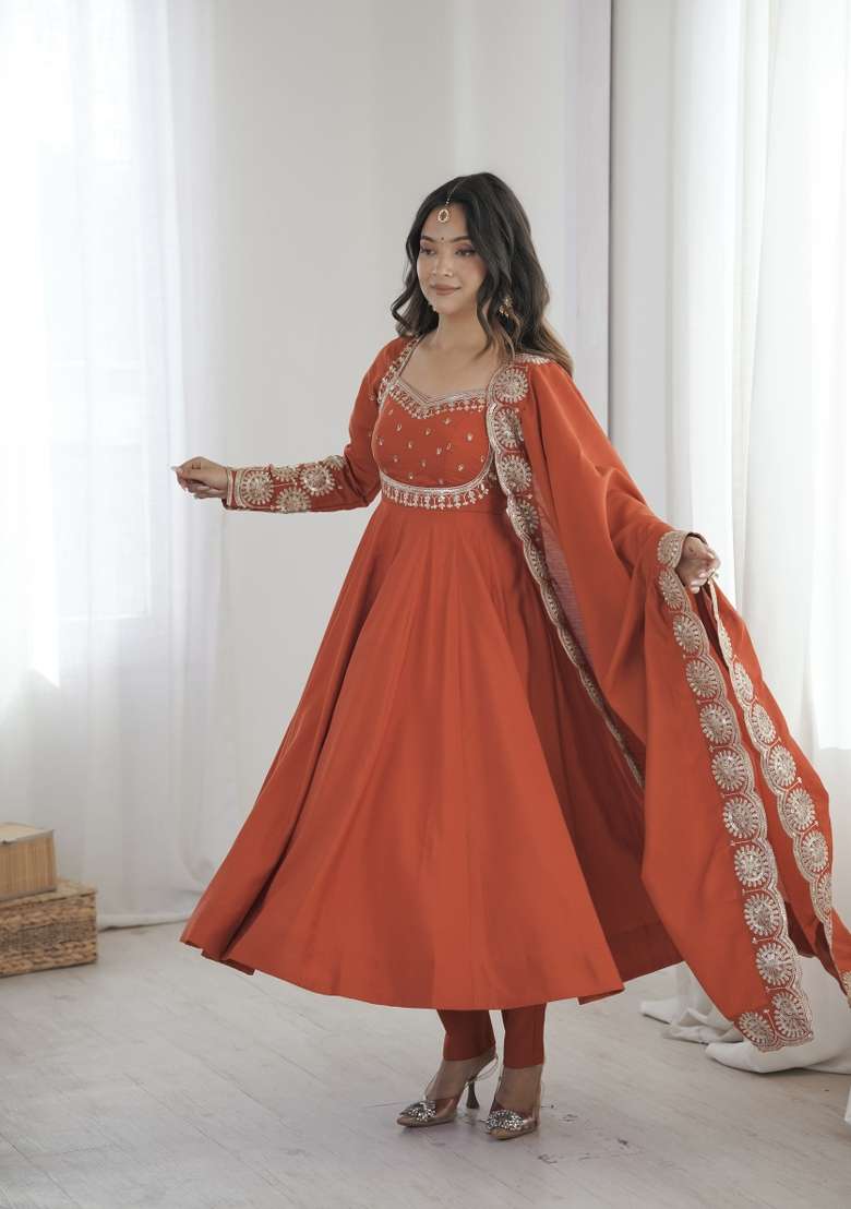 Rust Orange Embroidered Silk Kurta Set - Indya