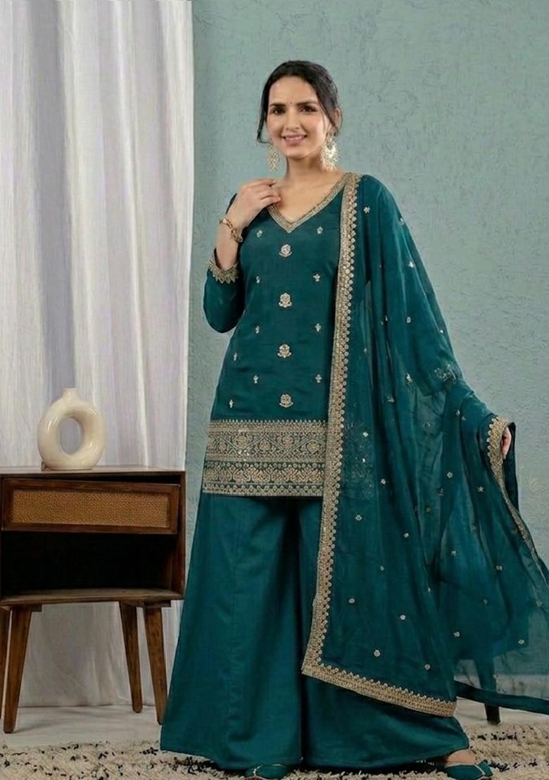 Green Embroidered Silk Kurta Set - Indya