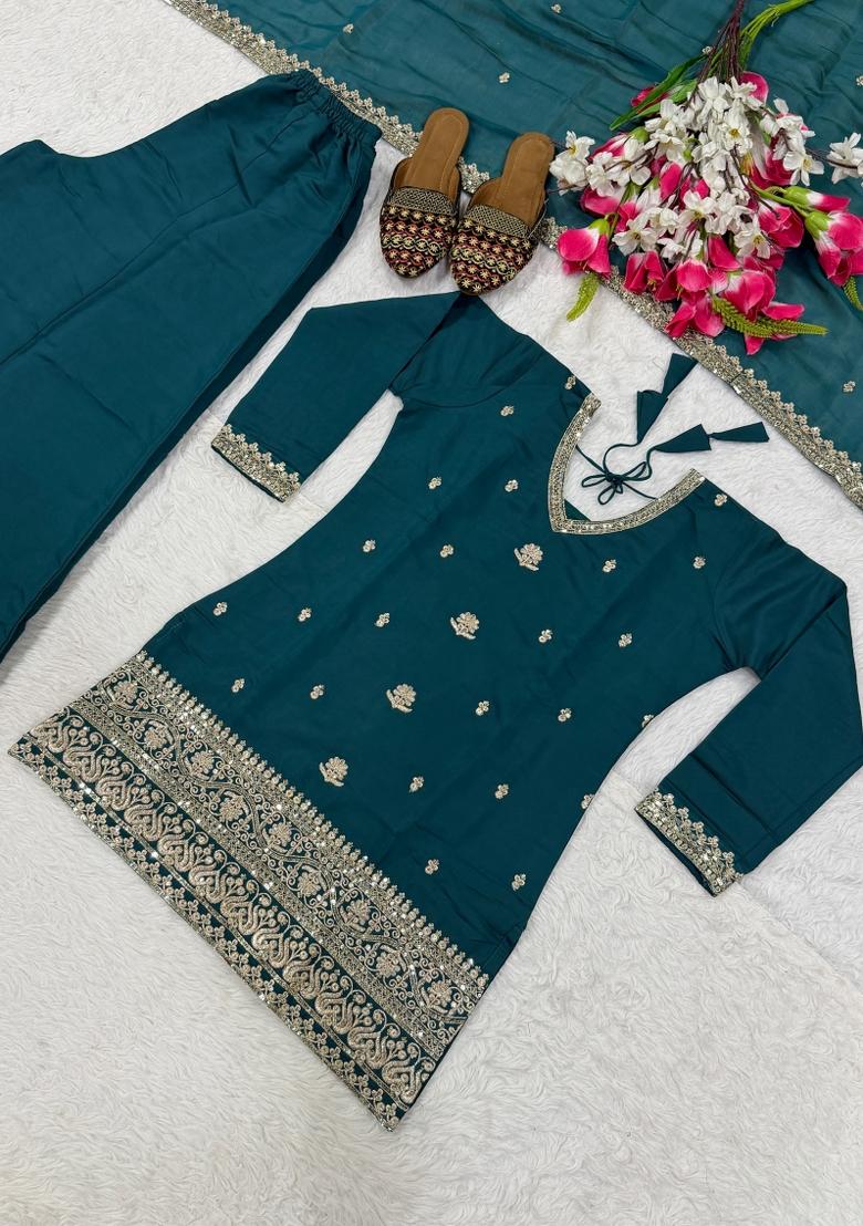 Green Embroidered Silk Kurta Set - Indya