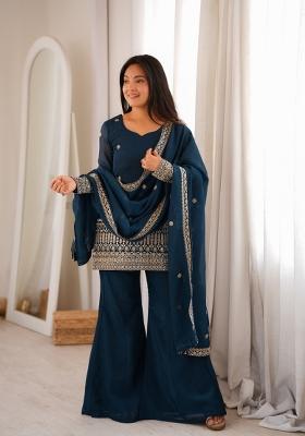 Tel Blue Embroidered Silk Kurta Set
