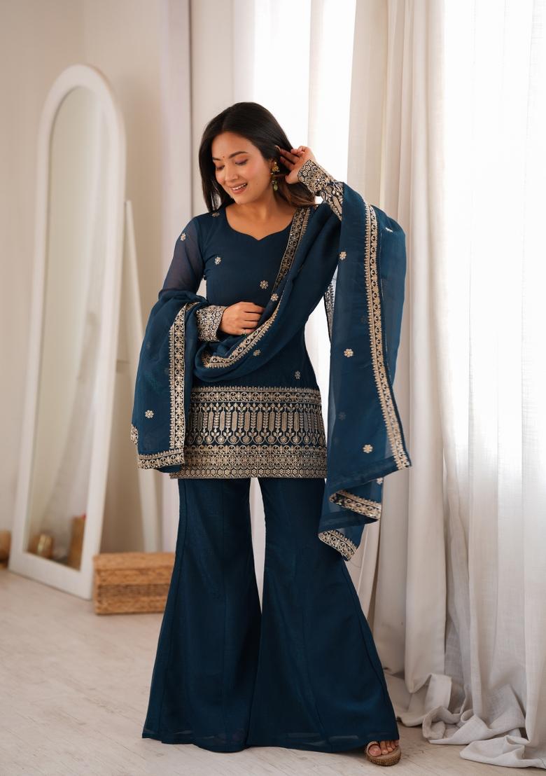 Tel Blue Embroidered Silk Kurta Set - Indya