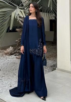Navy Blue Embroidered Silk Kurta Set