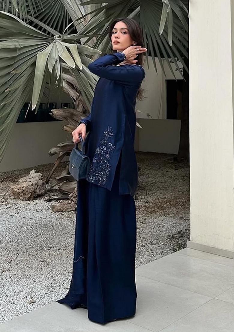 Navy Blue Embroidered Silk Kurta Set - Indya