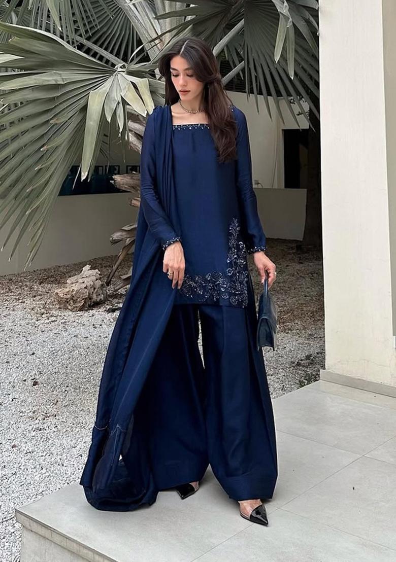Navy Blue Embroidered Silk Kurta Set - Indya