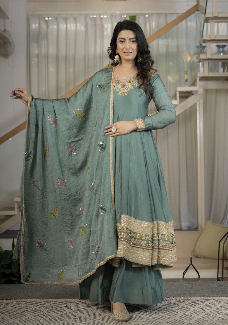 Blue Embroidered Silk Kurta Set - Indya