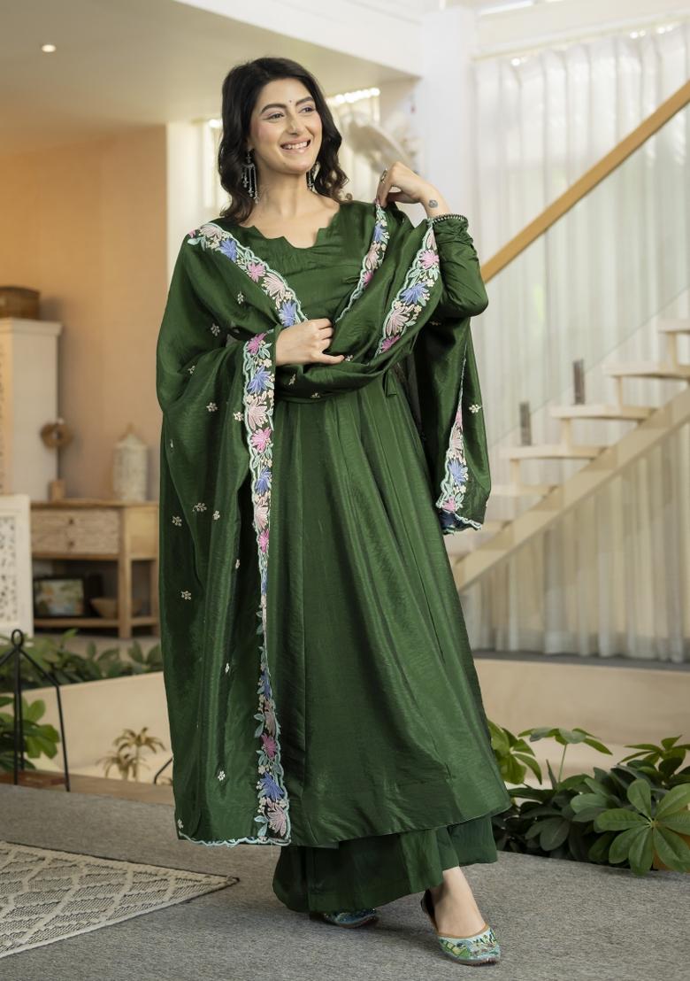 Green Embroidered Silk Kurta Set - Indya