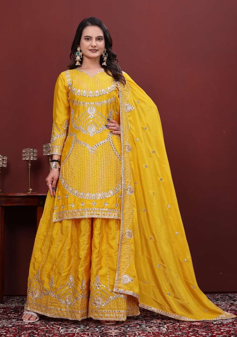 Yellow Embroidered Chinon Kurta Set - Indya