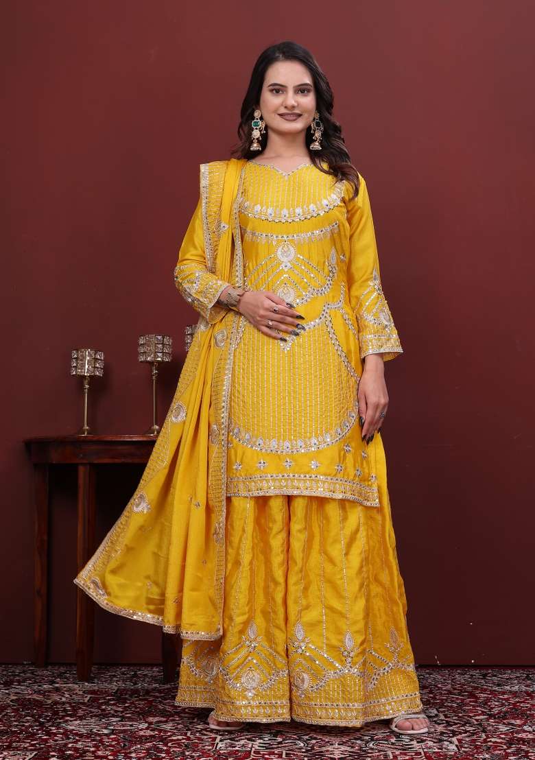 Yellow Embroidered Chinon Kurta Set - Indya