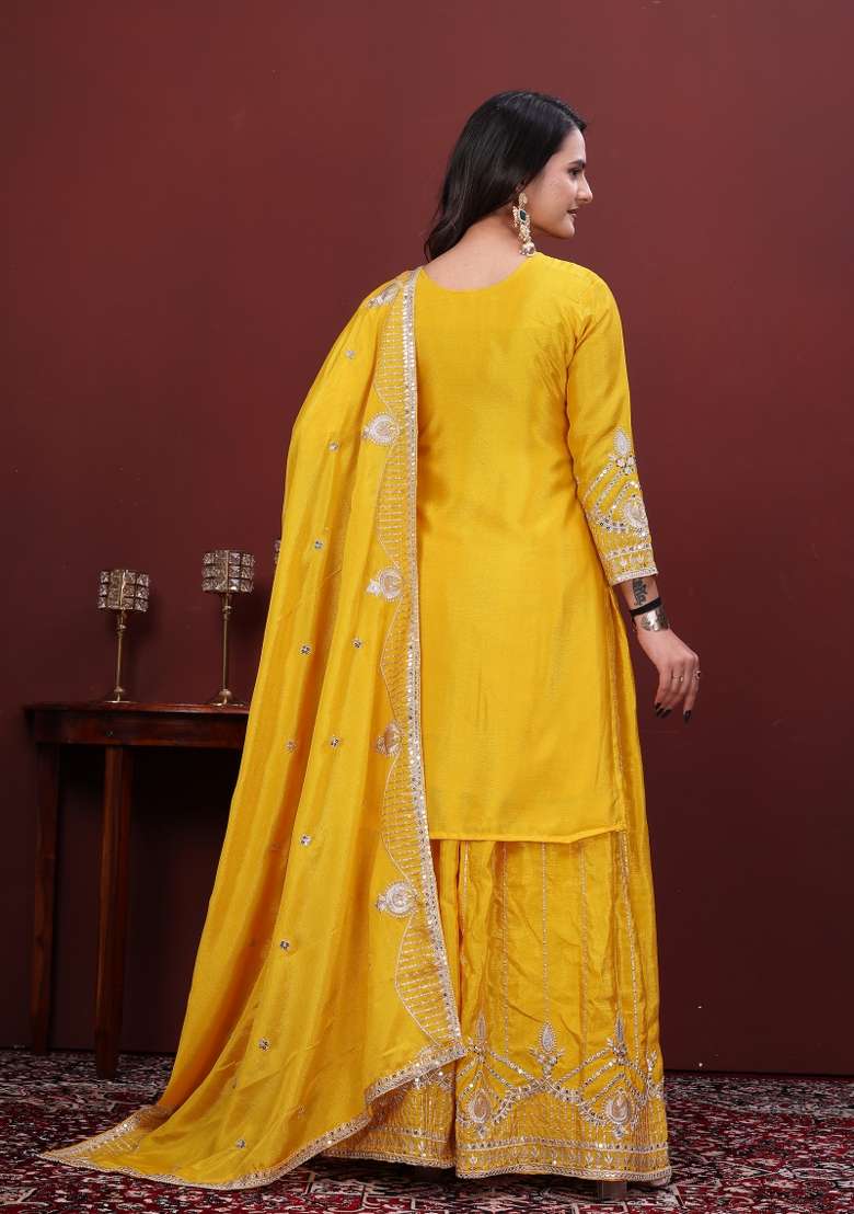 Yellow Embroidered Chinon Kurta Set - Indya