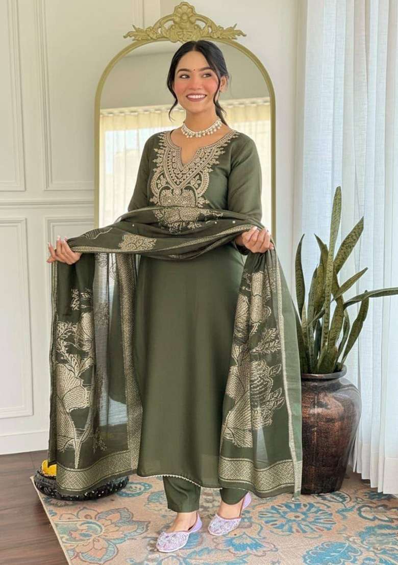 Mehendi Green Embroidered Cotton Kurta Set - Indya