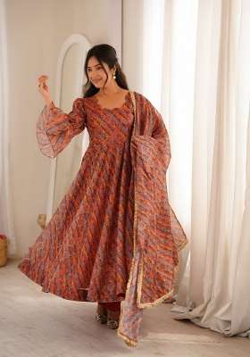 Brown Printed Organza Anarkali Set