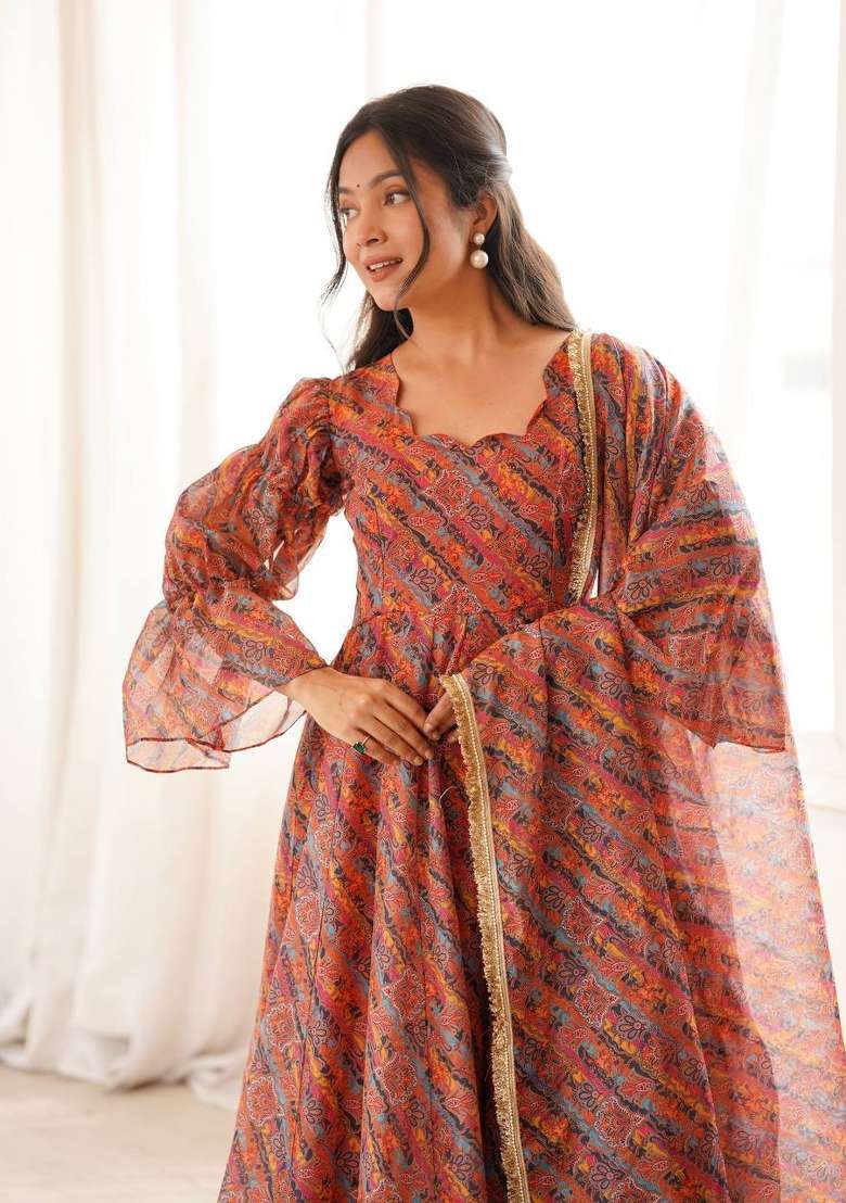 Brown Printed Organza Anarkali Set - Indya