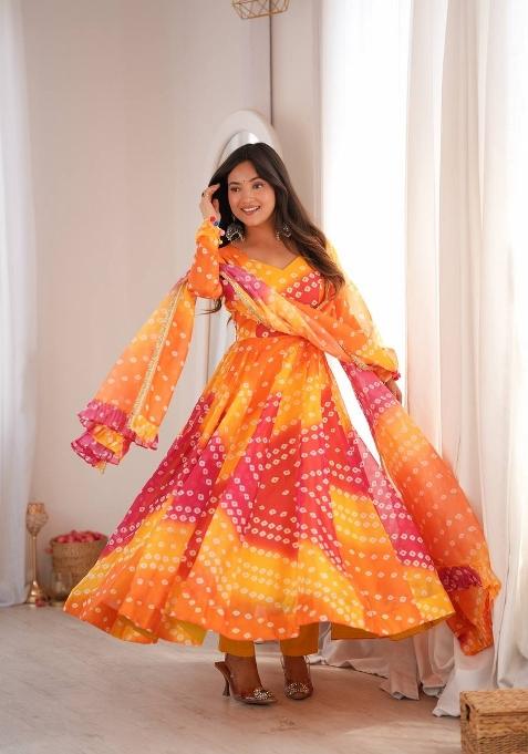 Yellow Printed Organza Anarkali Set