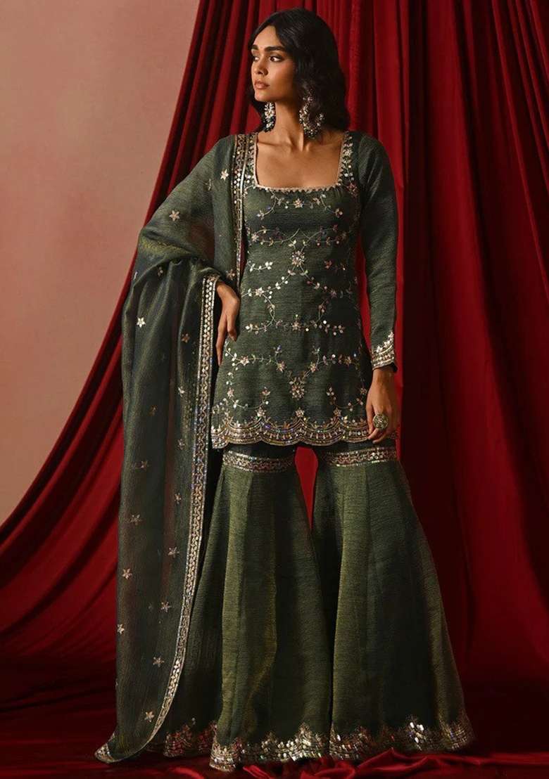 Olive Green Embroidered Silk Sharara Set - Indya