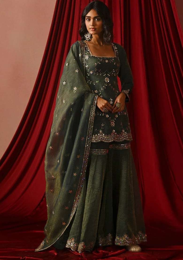 Olive Green Embroidered Silk Sharara Set - Indya