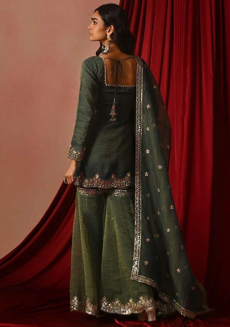 Olive Green Embroidered Silk Sharara Set - Indya