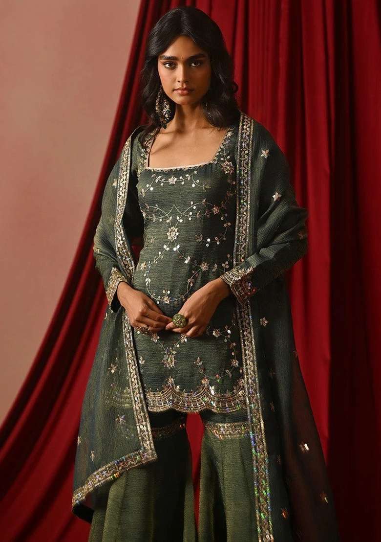 Olive Green Embroidered Silk Sharara Set - Indya