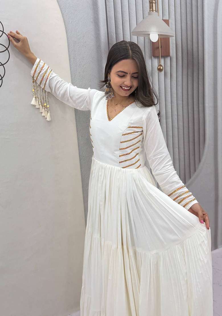 White Lace Work Cotton Gown - Indya