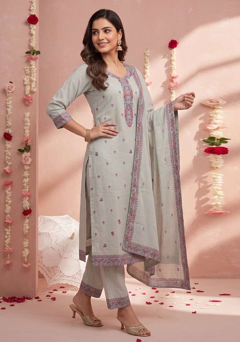 Pastel Grey Jacquard Cotton Kurta Set - Indya