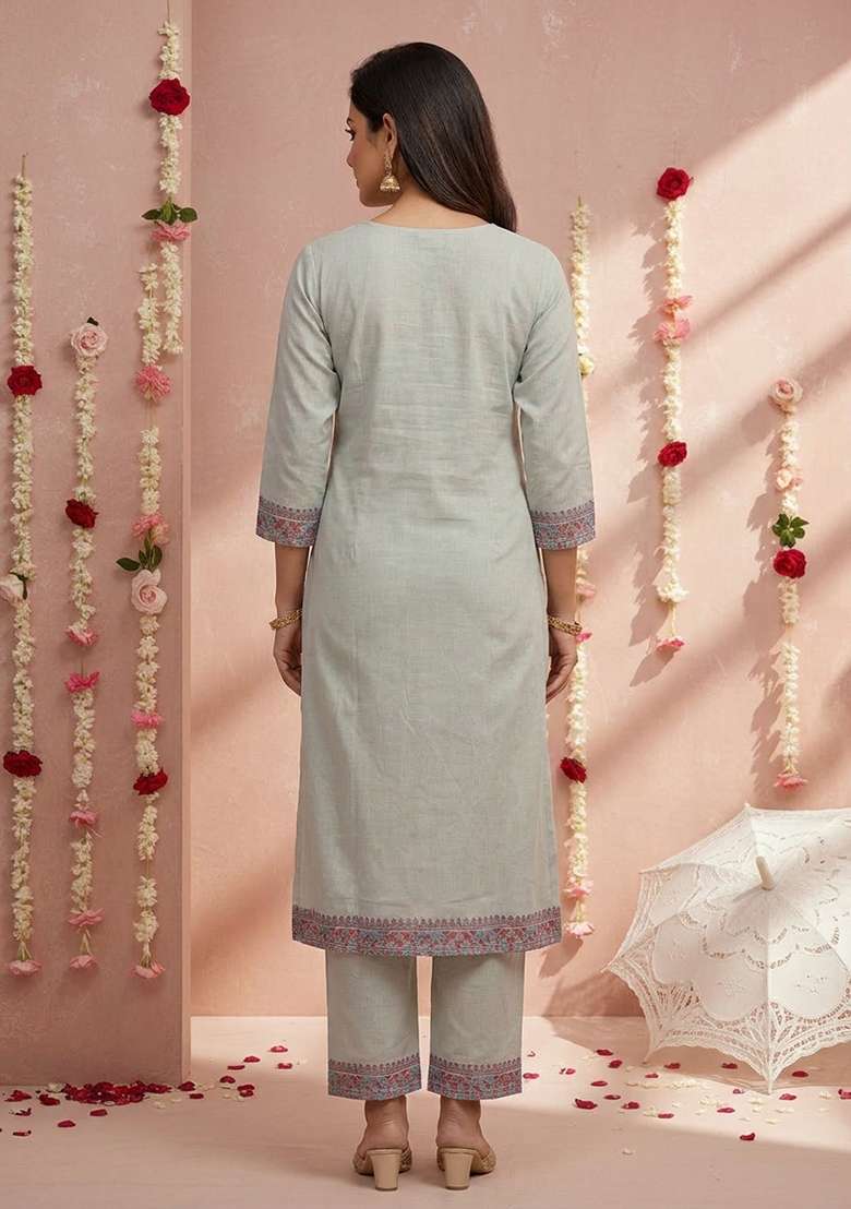 Pastel Grey Jacquard Cotton Kurta Set - Indya
