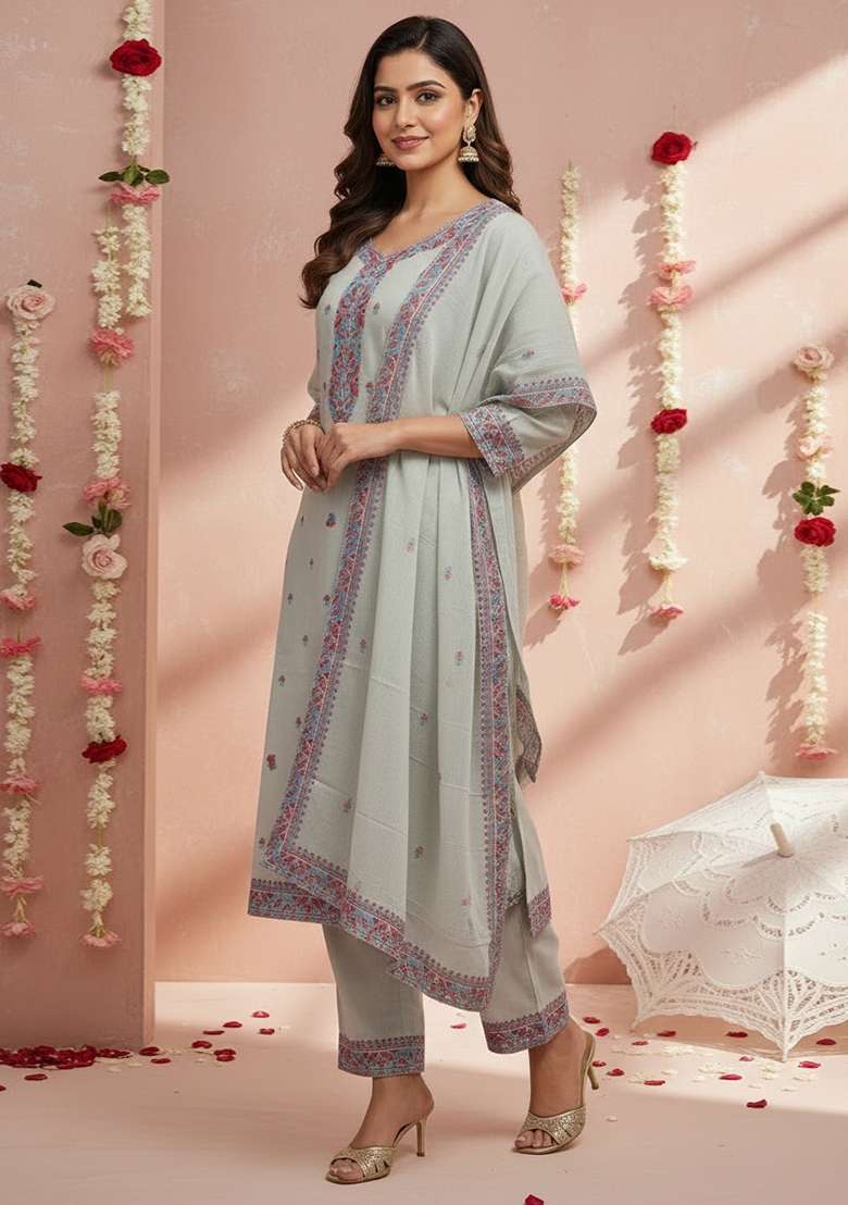 Pastel Grey Jacquard Cotton Kurta Set - Indya