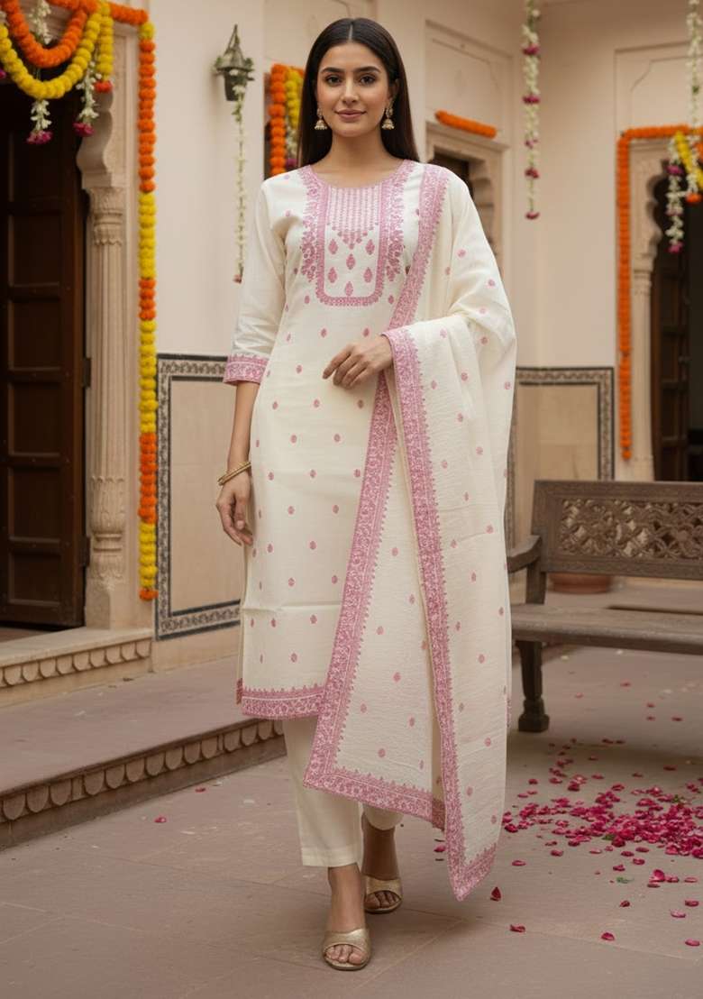 Cream Jacquard Cotton Kurta Set - Indya