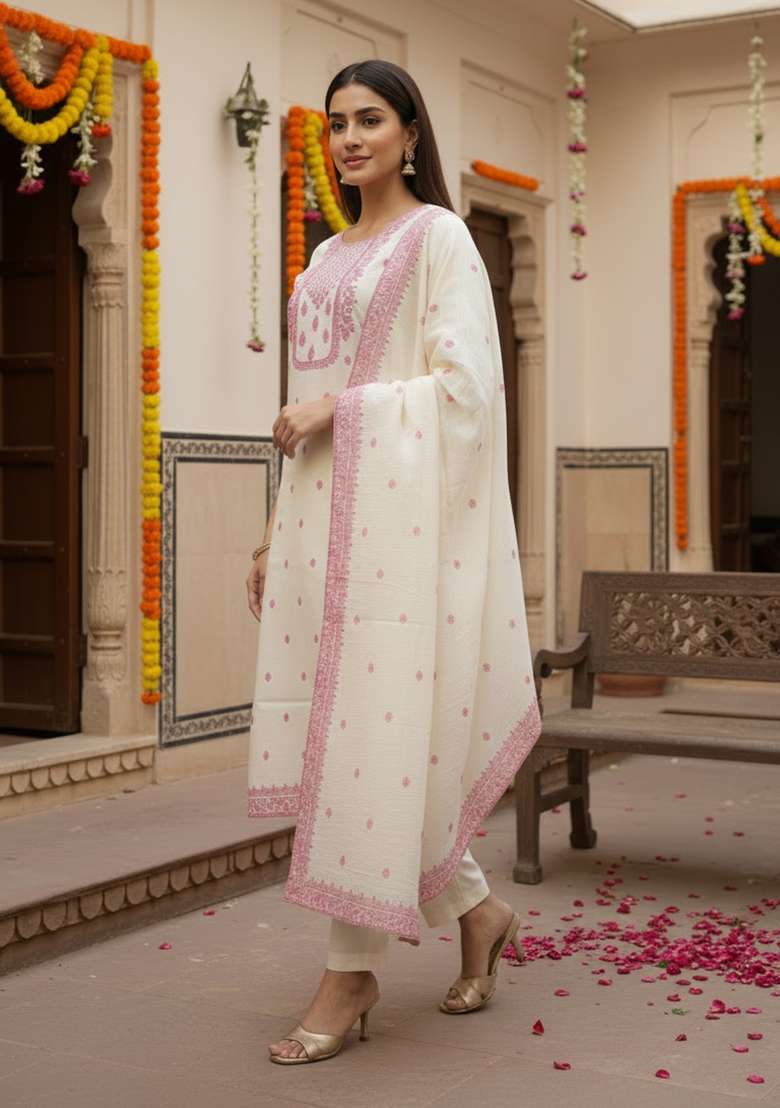 Cream Jacquard Cotton Kurta Set - Indya