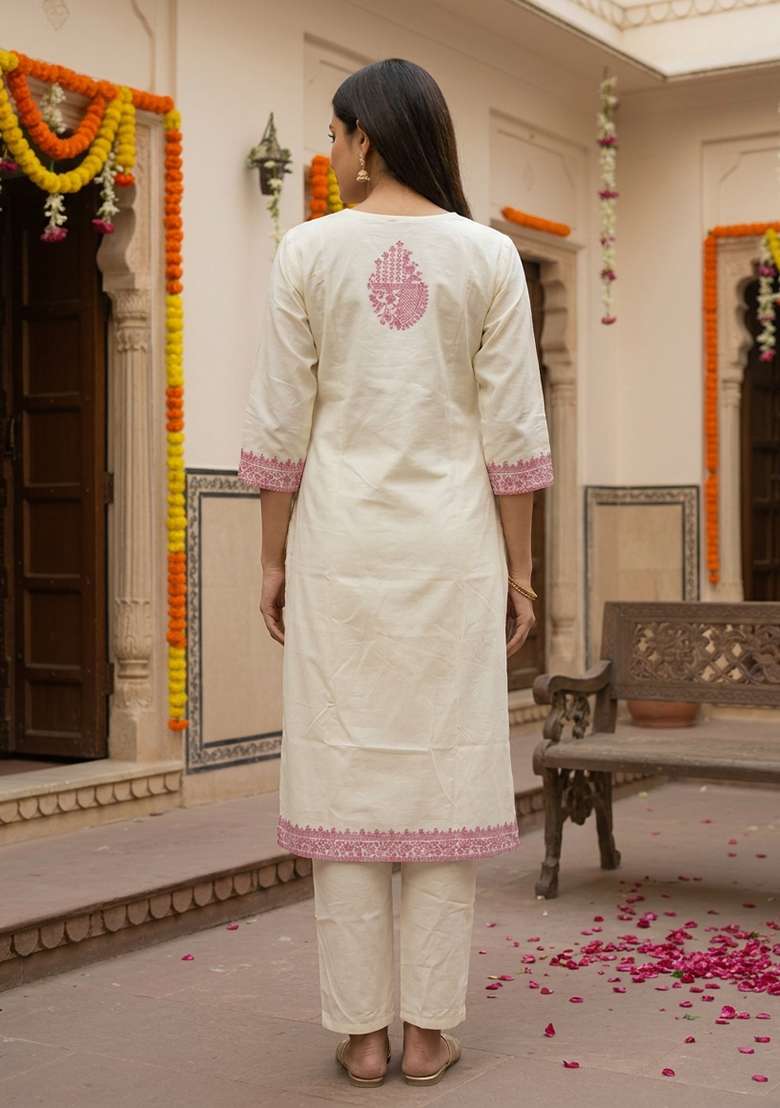 Cream Jacquard Cotton Kurta Set - Indya