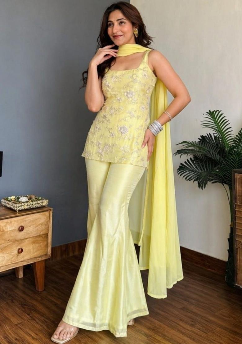 Yellow Embroidered Georgette Palazzo Set - Indya