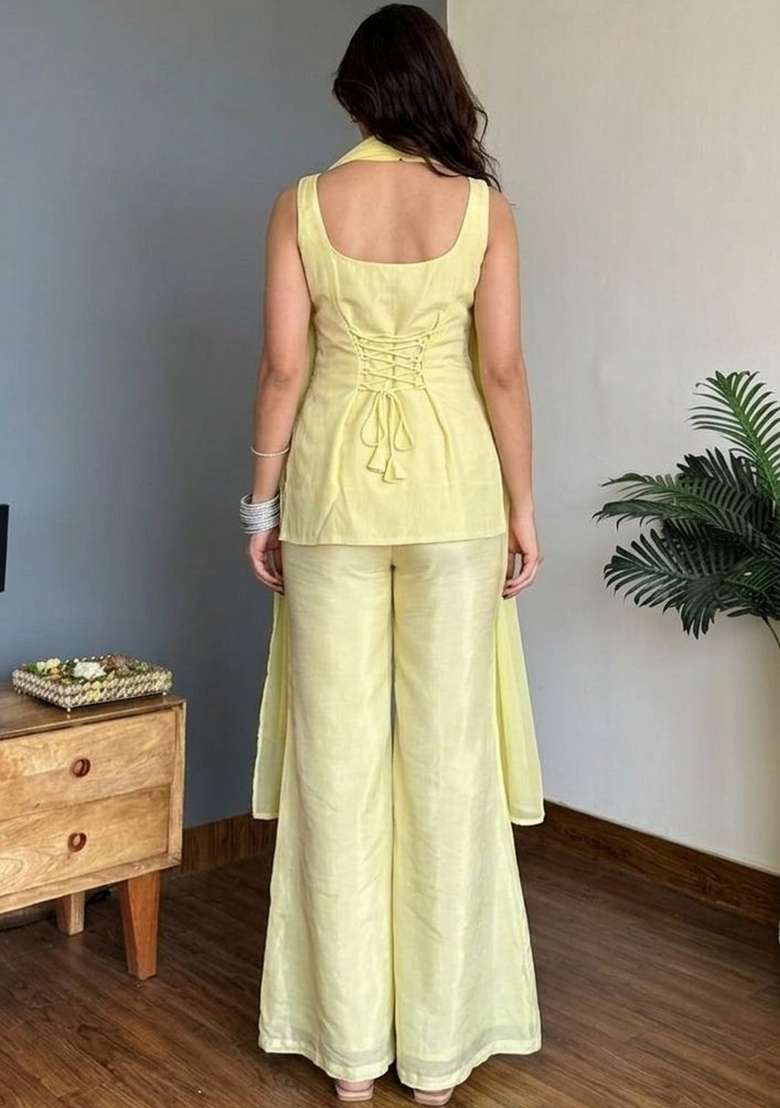 Yellow Embroidered Georgette Palazzo Set - Indya