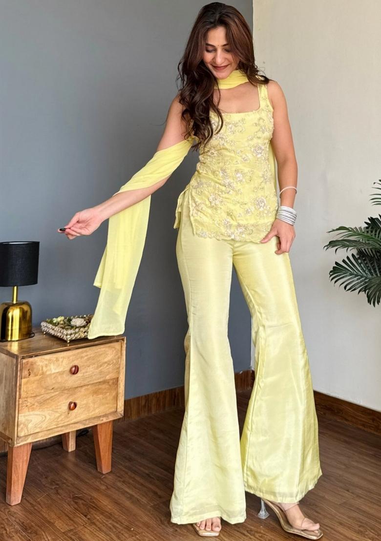 Yellow Embroidered Georgette Palazzo Set - Indya