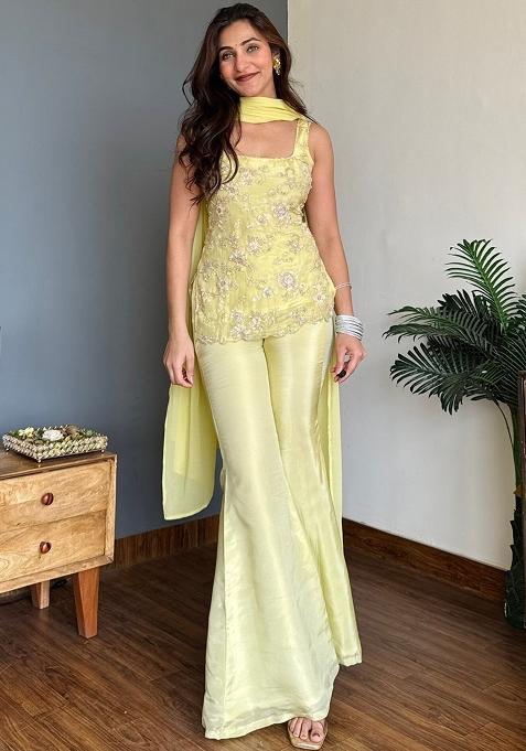 Yellow Embroidered Georgette Palazzo Set