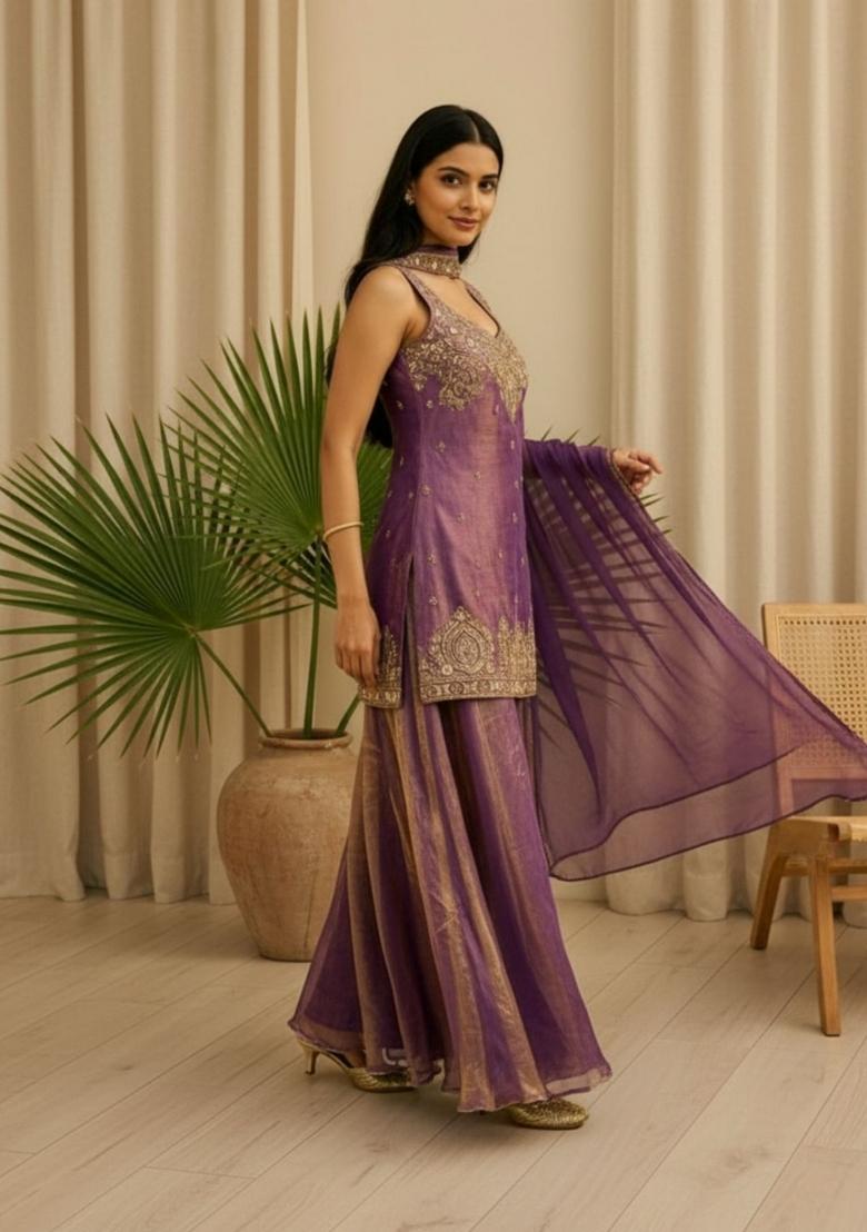 Purple Embroidered Fendi Palazzo Set - Indya