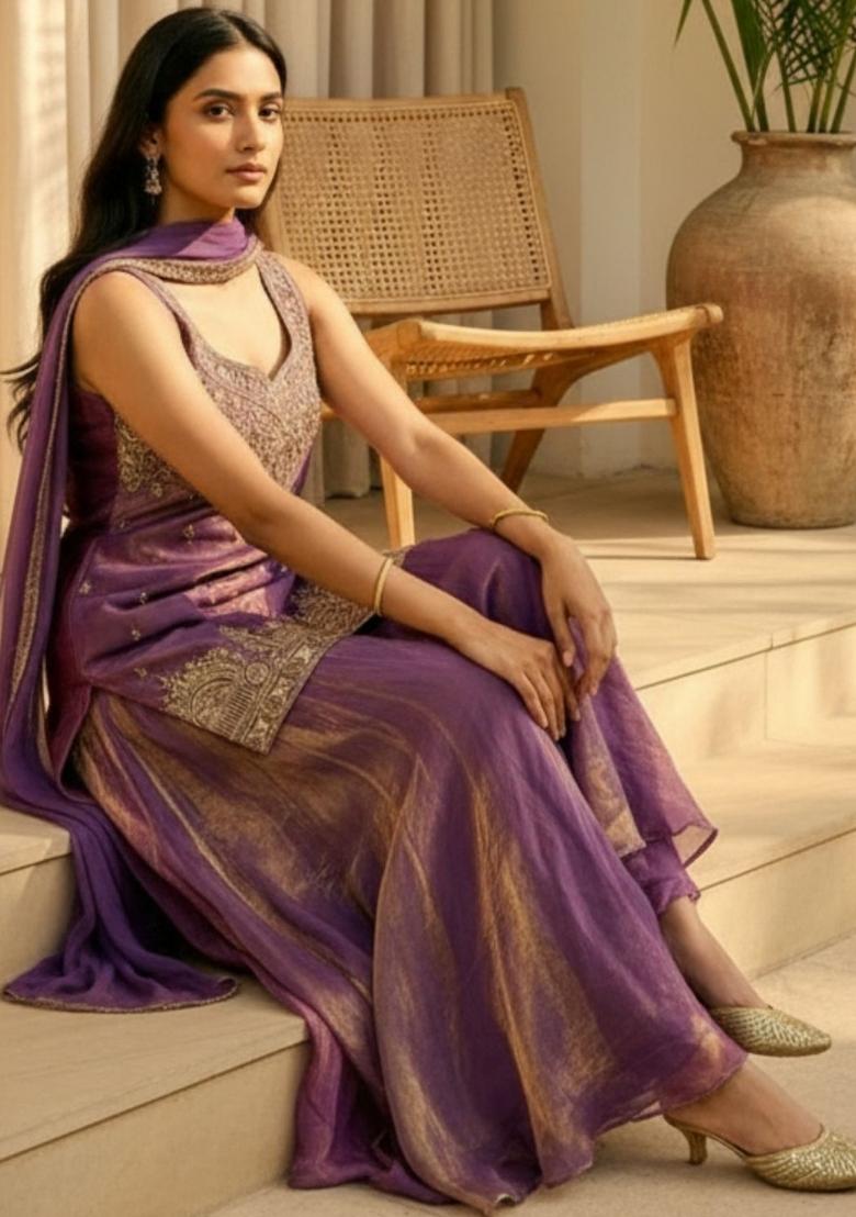 Purple Embroidered Fendi Palazzo Set - Indya