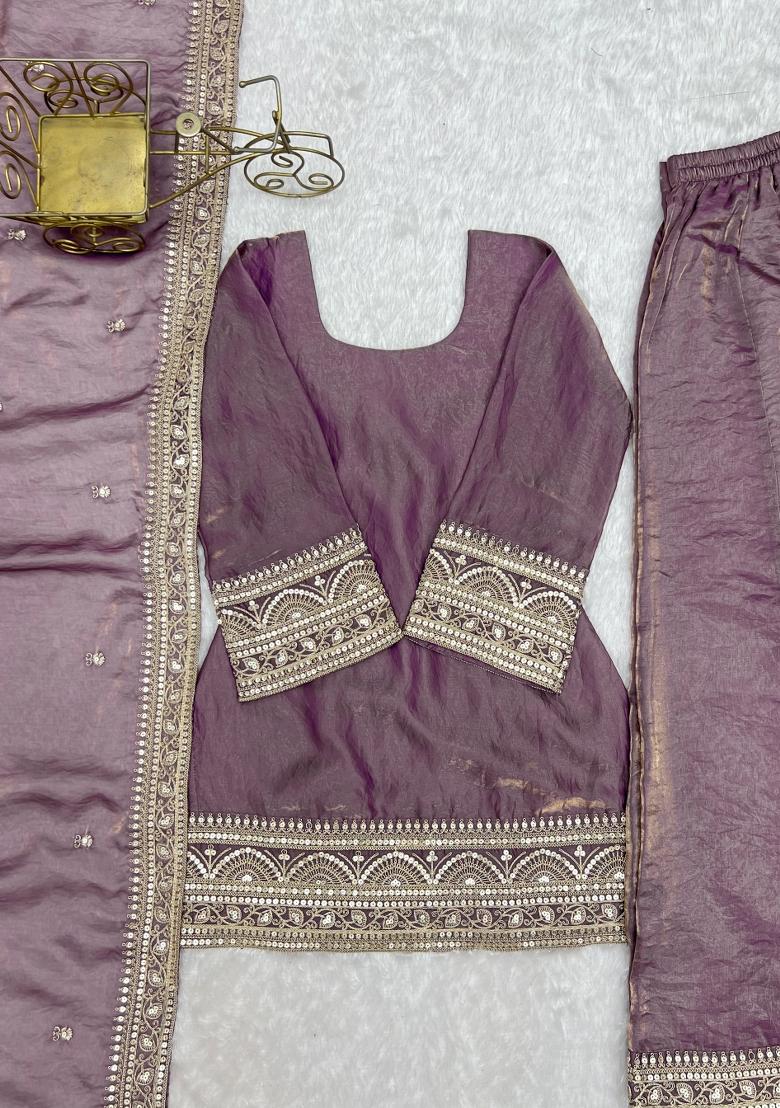 Purple Embroidered Silk Palazzo Set - Indya