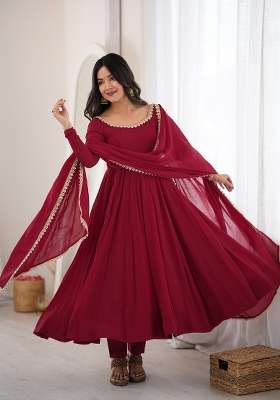 Maroon Lace Work Chanderi&nbsp; Anarkali Set