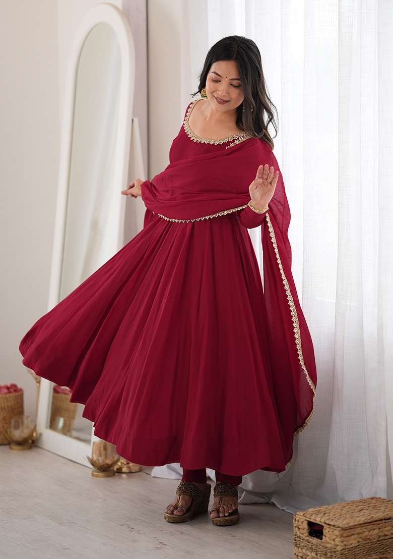 Maroon Lace Work Chanderi&nbsp; Anarkali Set - Indya