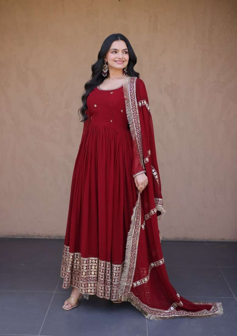Maroon Embroidered Faux Blooming Gown With Dupatta - Indya
