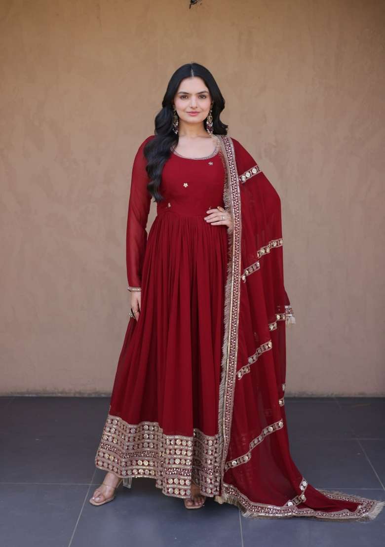 Maroon Embroidered Faux Blooming Gown With Dupatta - Indya