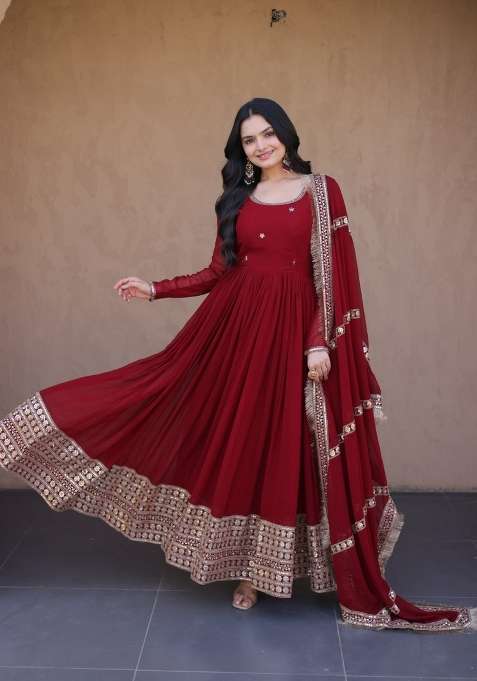 Maroon Embroidered Faux Blooming Gown With Dupatta